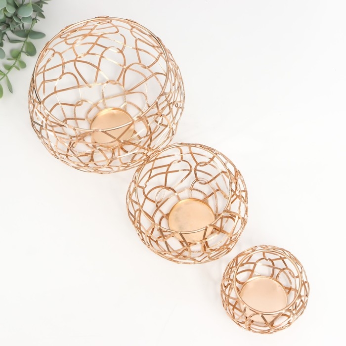 Подсвечник металл Подсвечник металл "Лофт. Переплетение" золото набор 3 шт 7х9х9 10х12,5х12,5 13х16х16 см