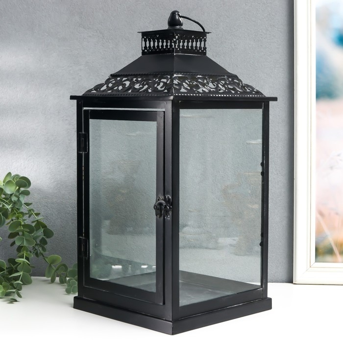 Подсвечник металл, стекло "Этна" чёрный набор 2 шт 19х19х39 см, 14х14х27 см