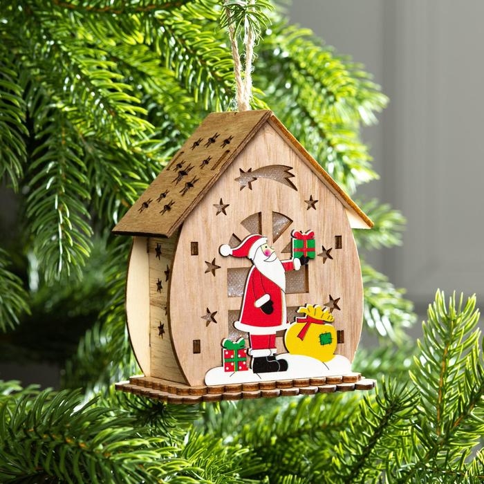 Ёлочная игрушка &laquo;Домик с Дедом Морозом с подарками&raquo;, от батареек, свечение тёплое белое