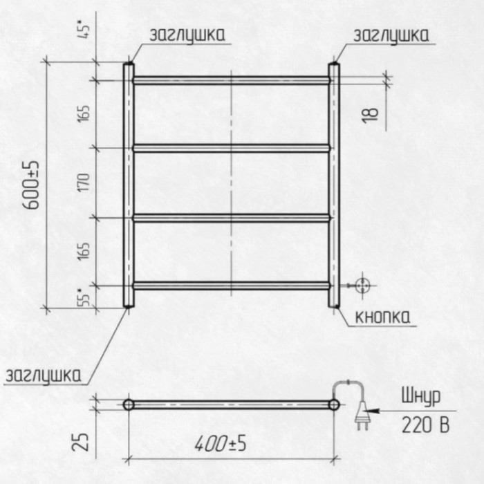 Полотенцесушитель электрический ZEIN PE-04, Полотенцесушитель электрический ZEIN PE-04, "Классика", 400х600 мм, 4 перекладины, белый