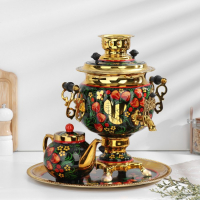 Набор &laquo;Хохлома&raquo;, овал, 3 предмета, самовар 3 л, заварочный чайник 0,7 л, поднос