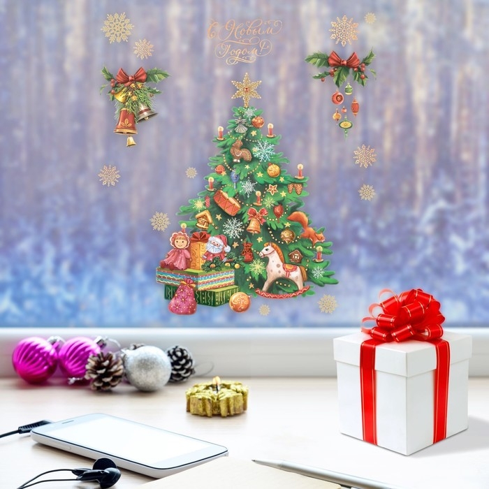 Наклейки новогодние на окна &laquo;Новогодняя ёлочка&raquo;, многоразовые, 20 х 34 см, Новый год
