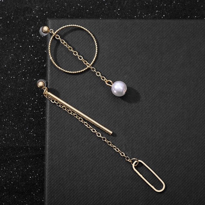 Серьги с жемчугом "Разноуровневые" круг с палкой, цвет белый в золоте