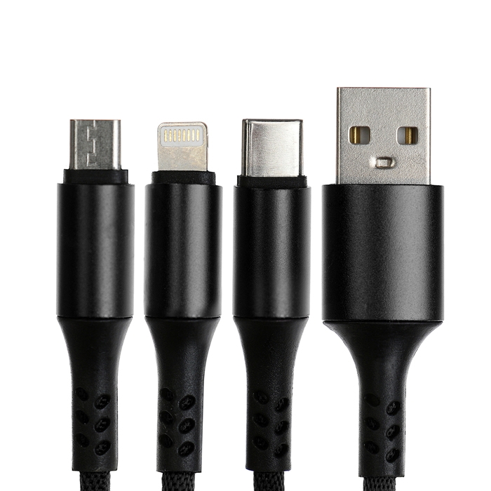 Кабель брелок 3 в 1, MicroUSB/Type-C/Lightning - USB, 2.4 А, чёрный Кабель брелок 3 в 1, MicroUSB/Type-C/Lightning - USB, 2.4 А, чёрный