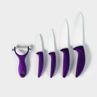 Набор кухонный «Изгиб», 5 предметов: ножи 7,5 см, 10 см, 13 см, 15 см, овощечистка, на подставке, цвет фиолетовый Набор кухонный «Изгиб», 5 предметов: ножи 7,5 см, 10 см, 13 см, 15 см, овощечистка, на подставке, цвет фиолетовый