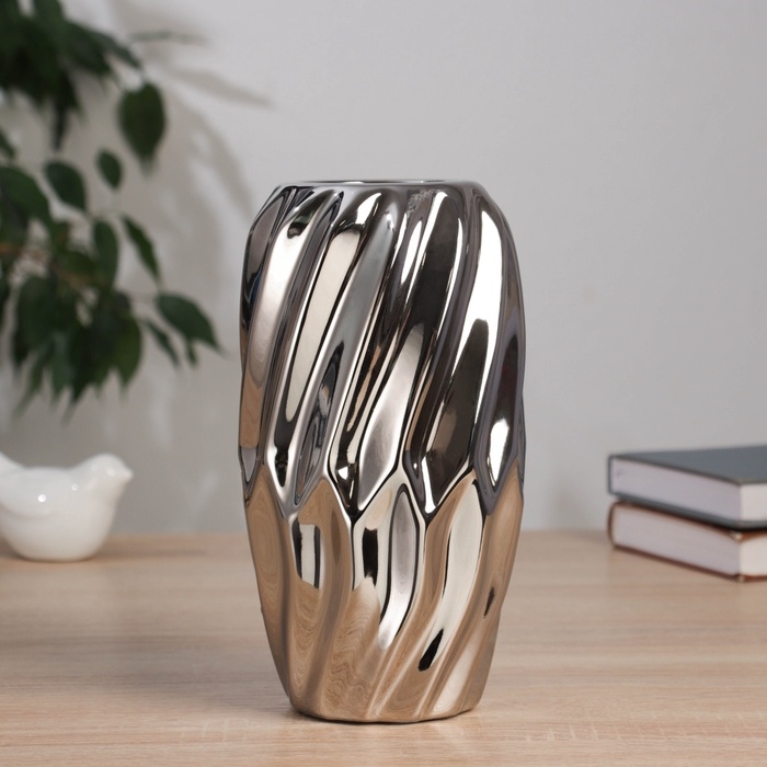 Керамическая ваза декоративная настольная &laquo;Освальд&raquo;, для цветов, сухоцветов, d-6 см, 20&times;10 см, серебро
