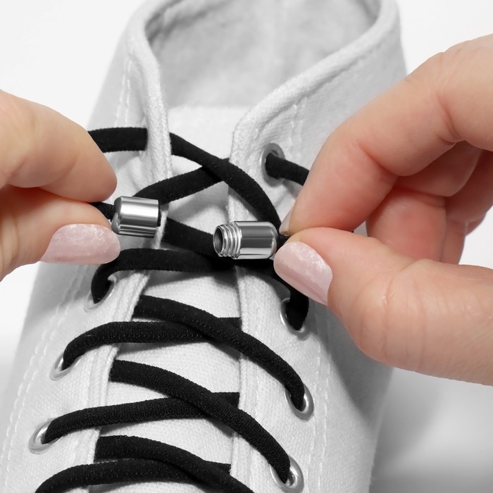 Шнурки для обуви, пара, круглые, с фиксатором, эластичные, d = 5 мм, 100 см, цвет чёрный Шнурки для обуви, пара, круглые, с фиксатором, эластичные, d = 5 мм, 100 см, цвет чёрный