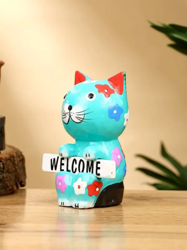 Сувенир "Кот с табличкой WELCOME" дерево 8х5х10 см, цв. бирюзовый