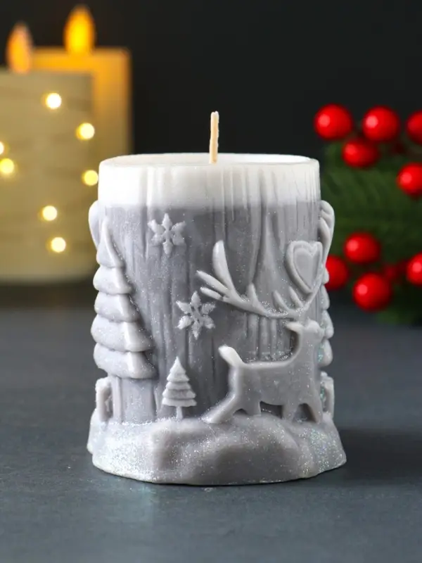 Свеча новогодняя столбик "Сказочный лес" 75х82 мм, серый