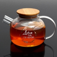 Чайник стеклянный заварочный с бамбуковой крышкой &laquo;Дом&raquo;, 1000 мл