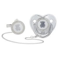 Соска - пустышка силиконовая ортодонтическая &laquo;Мишка&raquo;, от 6 мес., с колпачком + держатель - цепочка, цвет серебренный, стразы