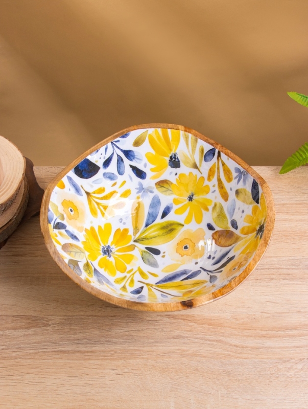 Салатник "Желтые и синие цветы" дерево манго 29х29х11 см
