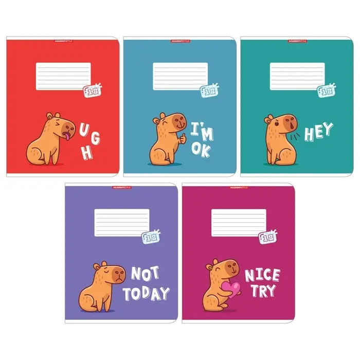 Тетрадь 18 листов в клетку "Капибара", обложка мелованный картон, ВД-лак, блок 60 г/м2, 5 видов, МИКС