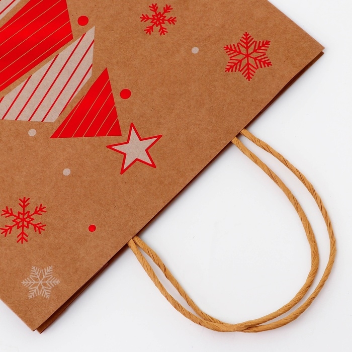 Пакет крафт с тиснением, Пакет крафт с тиснением, "Ёлка" круглая ручка, 33 х 25 х 12 см, 120 г
