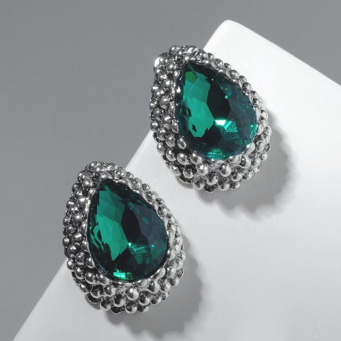 Серьги со стразами «Морское сияние», цвет изумрудный в чернёном серебре Серьги со стразами «Морское сияние», цвет изумрудный в чернёном серебре