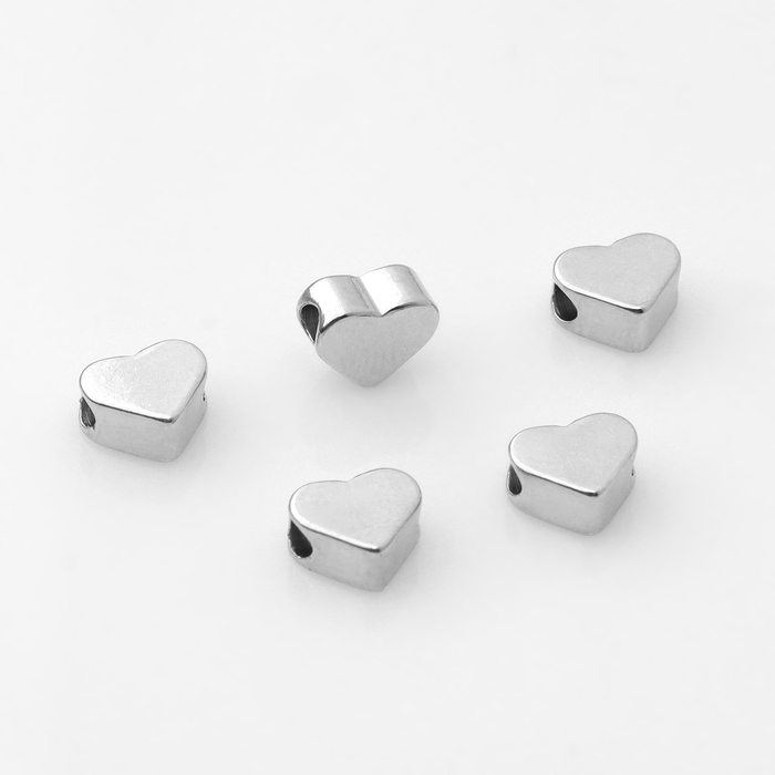 Бусина-разделитель родир. &laquo;Сердечко&raquo;, 6&times;6 мм, d(вн.)=2 мм, (набор 10 шт.), цвет серебро