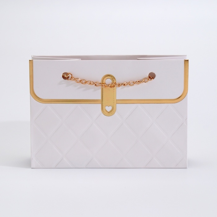 Пакет для цветов, ручка цепь, Пакет для цветов, ручка цепь, "Белый", с золотым тиснением, 15 х 10,5 х 10 см