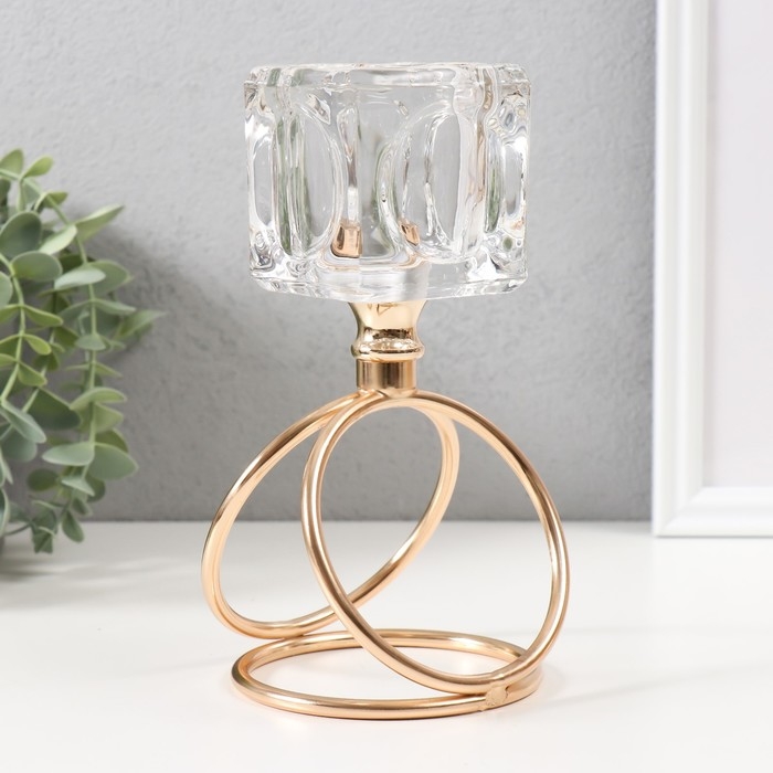 Подсвечник металл, стекло на 1 свечу "Ледяной кубик" d=6 см золото 10х10х19 см