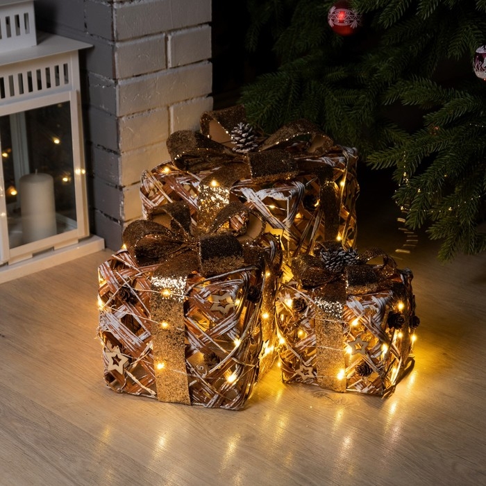 Светодиодная фигура &laquo;Подарки лесные&raquo; 15, 20, 25 см, текстиль, металл, батарейки ААх2 (не в комплекте), свечение тёплое белое