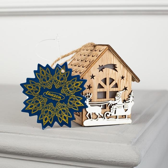 Ёлочная игрушка &laquo;Домик с Дедом Морозом на санках&raquo;, от батареек, свечение тёплое белое