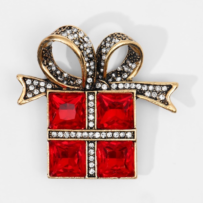 Брошь &laquo;Подарок&raquo; с бантиком, цвет красно-белый в чернёном золоте
