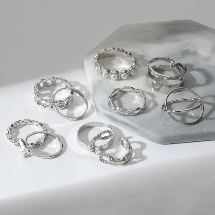 Набор колец 10 штук &laquo;Тренд&raquo; леди, цвет белый в серебре, размер МИКС
