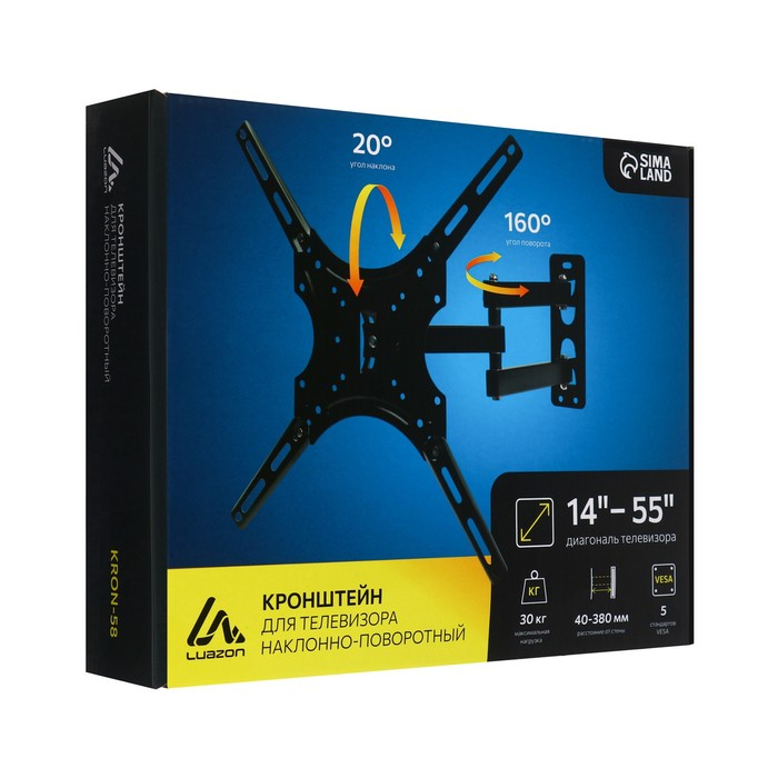 Кронштейн Luazon KrON-58, для ТВ, наклонно-поворотный, 14-55 Кронштейн Luazon KrON-58, для ТВ, наклонно-поворотный, 14-55", 40-380 мм от стены, чёрный