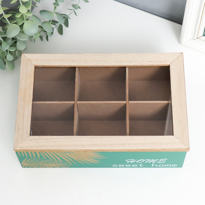 Шкатулка дерево с делениями "Пальмовые листья" зелёная с золотом 7х16,5х24 см