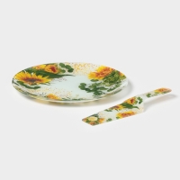 Тортовница с лопаткой Доляна &laquo;Подсолнухи&raquo;, 2 предмета: блюдо d=30 см, лопатка 26,5&times;7&times;2 см, стекло, рисунок