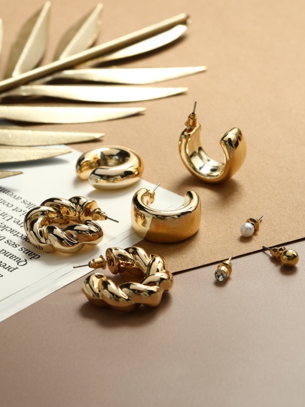 Набор серьги и каффы 8 шт &laquo;Бублик&raquo; переплетение, цвет золото