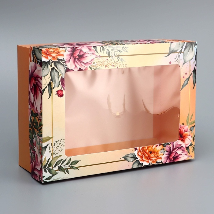 Коробка складная, крышка-дно, Коробка складная, крышка-дно, "Цветочки", 24 х 17 х 8 см с окном