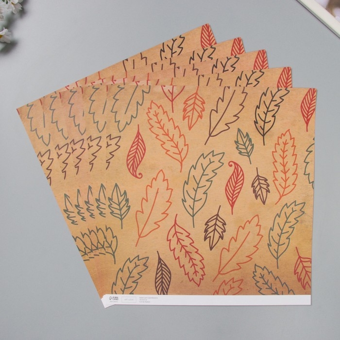 Бумага для скрапбукинга двусторонняя "Листья и рукопись" плотность 180 гр набор 5 шт 30,5х32 см   10