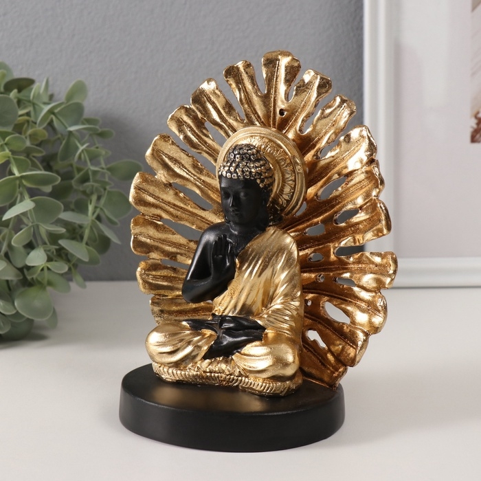 Сувенир полистоун "Будда. Пальмовый лист" золото и чёрный 14,5х9х17,5 см