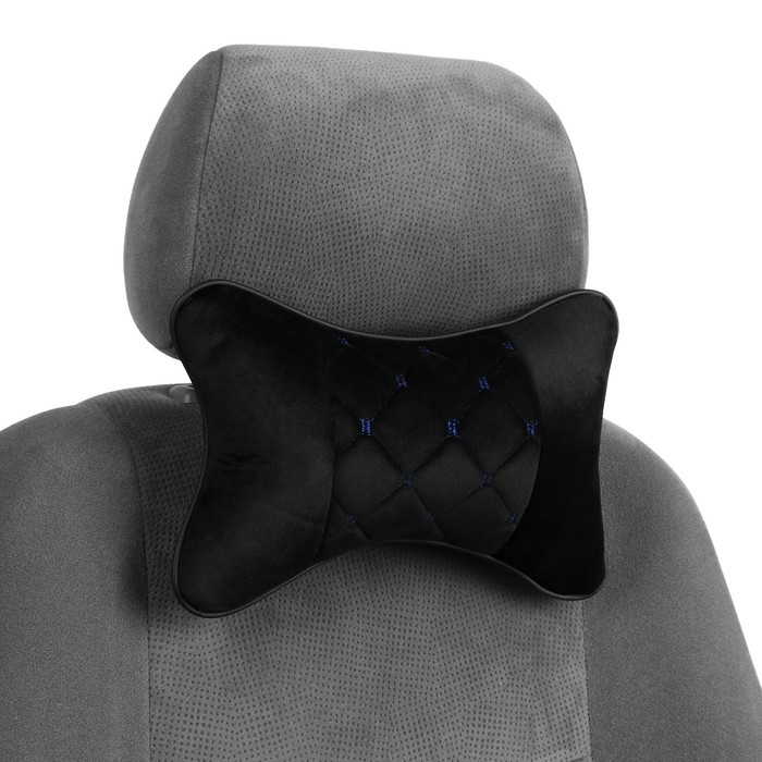 Подушка автомобильная косточка, на подголовник, 27&times;17 см, велюр, чёрный с синей строчкой