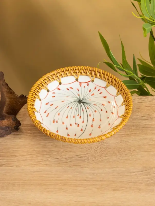 Тарелка керамическая с ротангом 18х18х3,7 см, МИКС