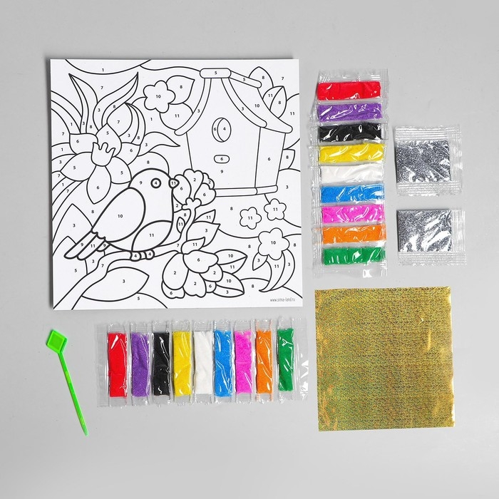 Набор для творчества. Фреска песком &laquo;Сказочный сад&raquo; + 9 цветов песка по 4 гр, блёстки, стека