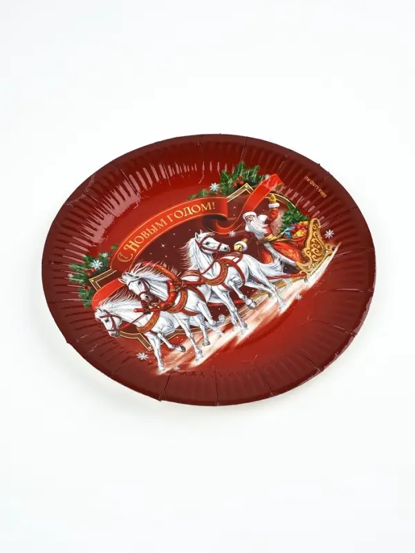 Тарелка бумажная "Три лошадки" , красная 18 см