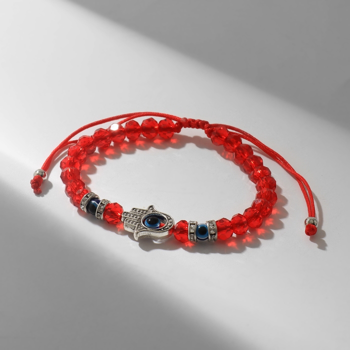 Браслет-оберег &laquo;Красная нить&raquo; рука счастья Хамса, хрусталики, цвет синий в чернёном серебре, d=8 см