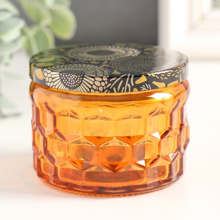 Банка для свечей стекло с крышкой "Соты" оранж 5х7х7 см, МИКС
