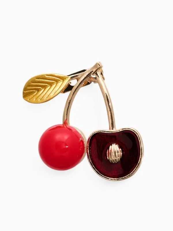 Брошь "Вишня с косточкой", цвет красно-зелёный в золоте