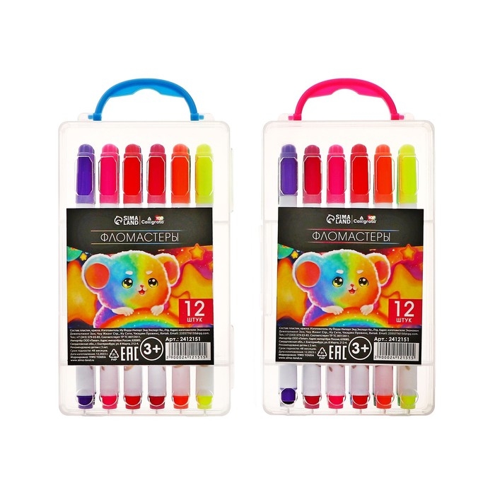 Фломастеры 12 цветов Фломастеры 12 цветов "Мышка", в пластиковом пенале с ручкой, вентрилируемый колпачок, МИКС