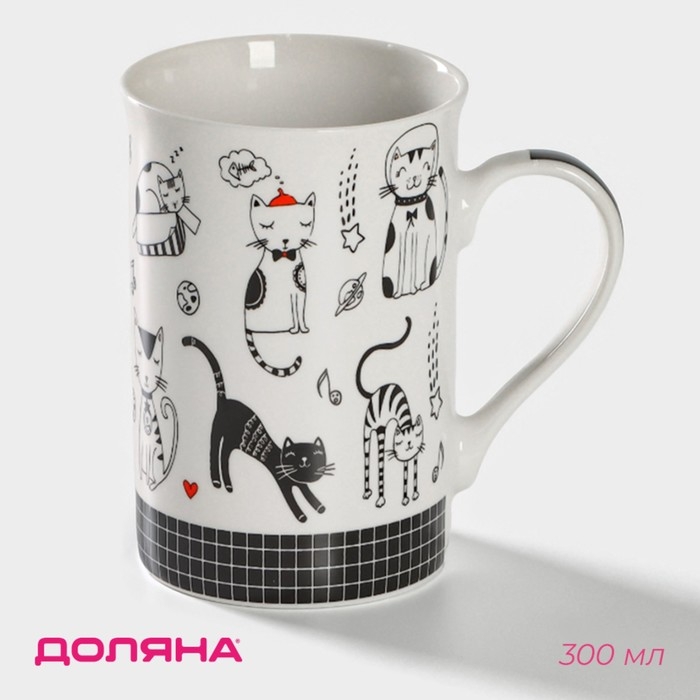 Кружка фарфоровая Доляна &laquo;Кошачьи будни&raquo;, 300 мл, цвет белый