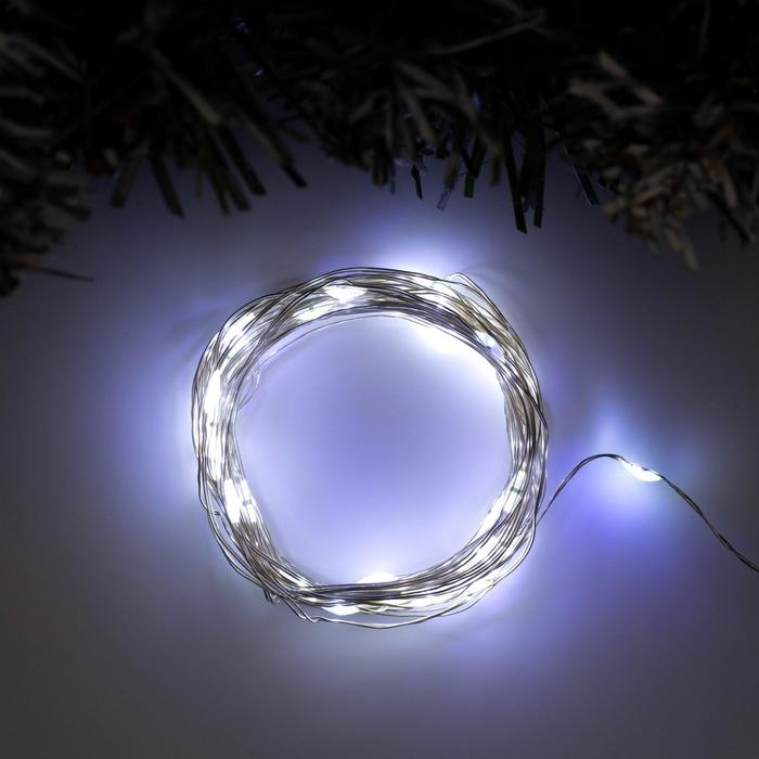 Гирлянда &laquo;Нить&raquo; 5 м роса, IP20, серебристая нить, 50 LED, 2 режима, батарейки AAх3 (не в комплекте), свечение белое