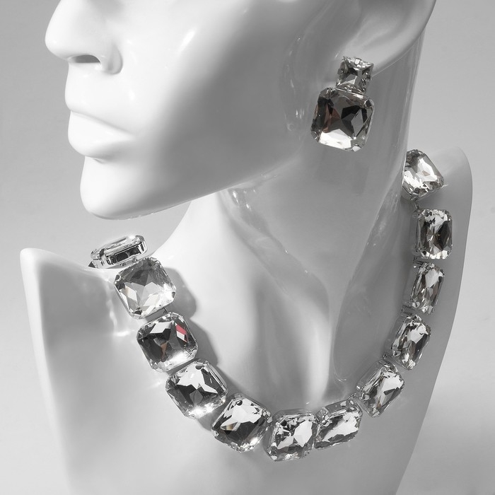 Набор 2 предмета: серьги, колье &laquo;Драгоценность&raquo; квадраты, цвет белый в серебре, 32 см