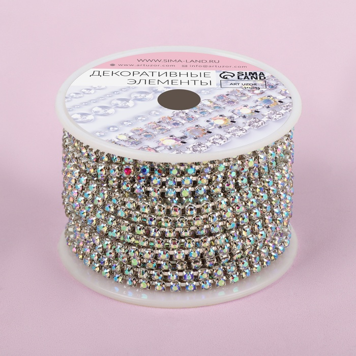 Цепь со стразами, с голографией, металл, стекло, 3 мм, 9 &plusmn; 1 м, цвет серебряный