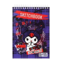Скетчбук 201х147мм, 60 листов на гребне Kuromi, обложка мелованный картон, блок 120г/м2