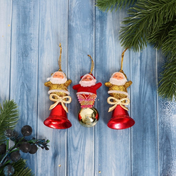 Украшение ёлочное "Дедушка Мороз" колокольч, шарик (набор 3 шт) 3х7 см, микс красно-золотой