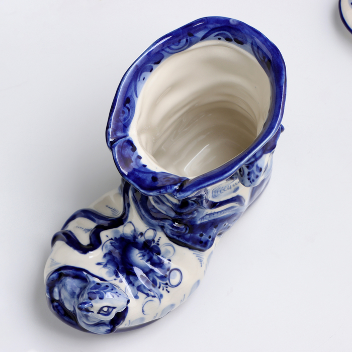 Ваза-карандашница "Сапожок с мышками", гжель, фарфор, 16х19 см