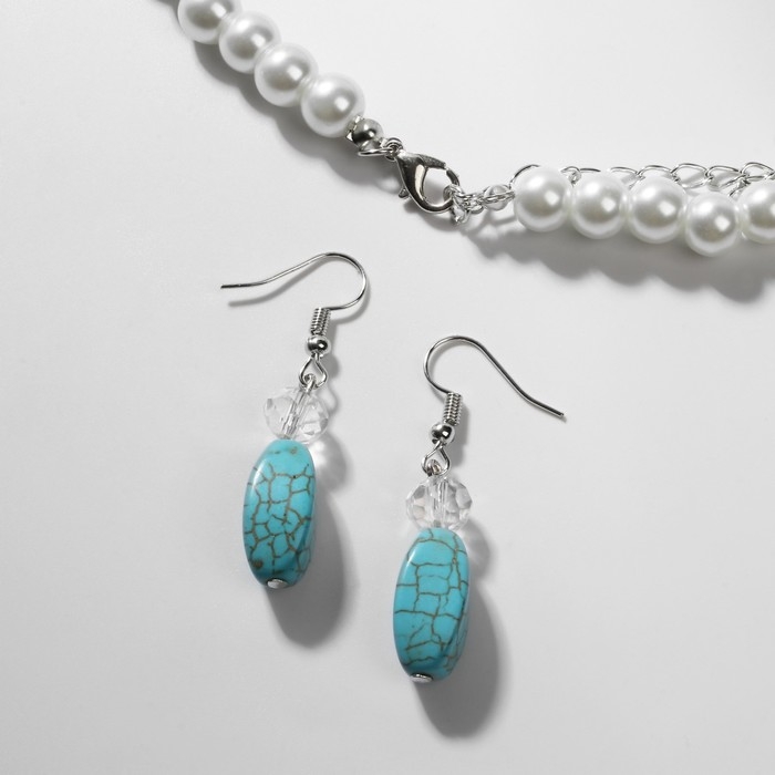 Набор 3 предмета: серьги, бусы, браслет &laquo;Натурель&raquo;, бусины №8, цвет бело-голубой, 42 см