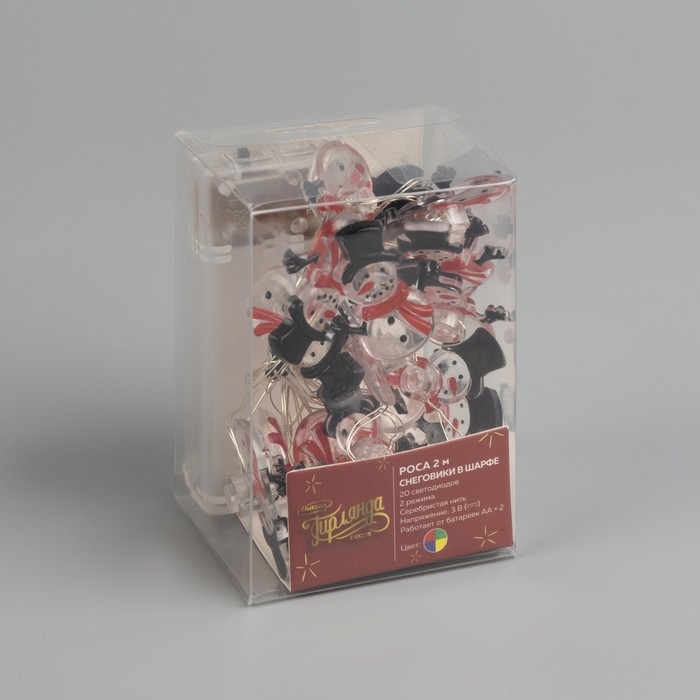 Гирлянда &laquo;Нить&raquo; 2 м роса с насадками &laquo;Снеговик в шарфе&raquo;, IP20, серебристая нить, 20 LED, 2 режима, батарейки ААх2 (нет в комплекте), свечение мульти